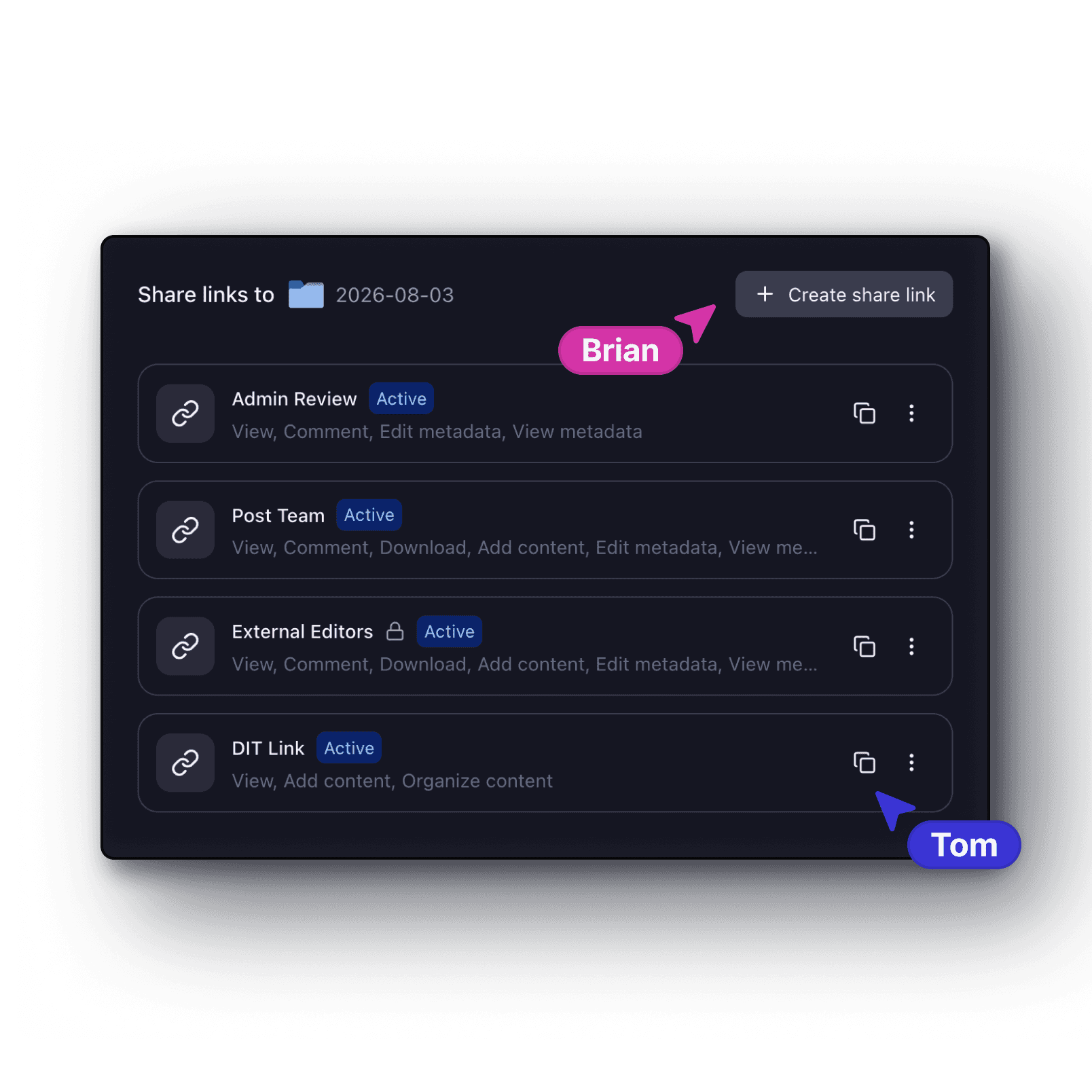 Per-link permission settings for view, download, and comment controls